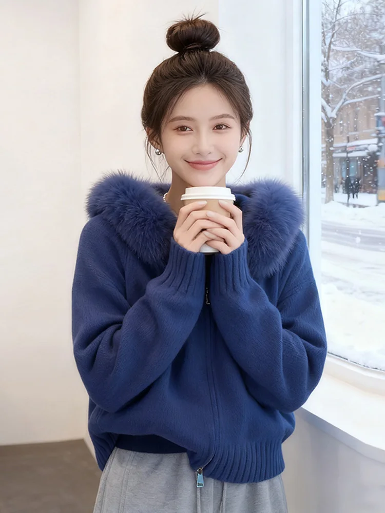 

Женский вязаный кардиган-пальто с капюшоном цвета Кляйн синий, осенне-зимний, на молнии, мягкий, средней плотности вязки, в стиле кэжуал, премиум-класса