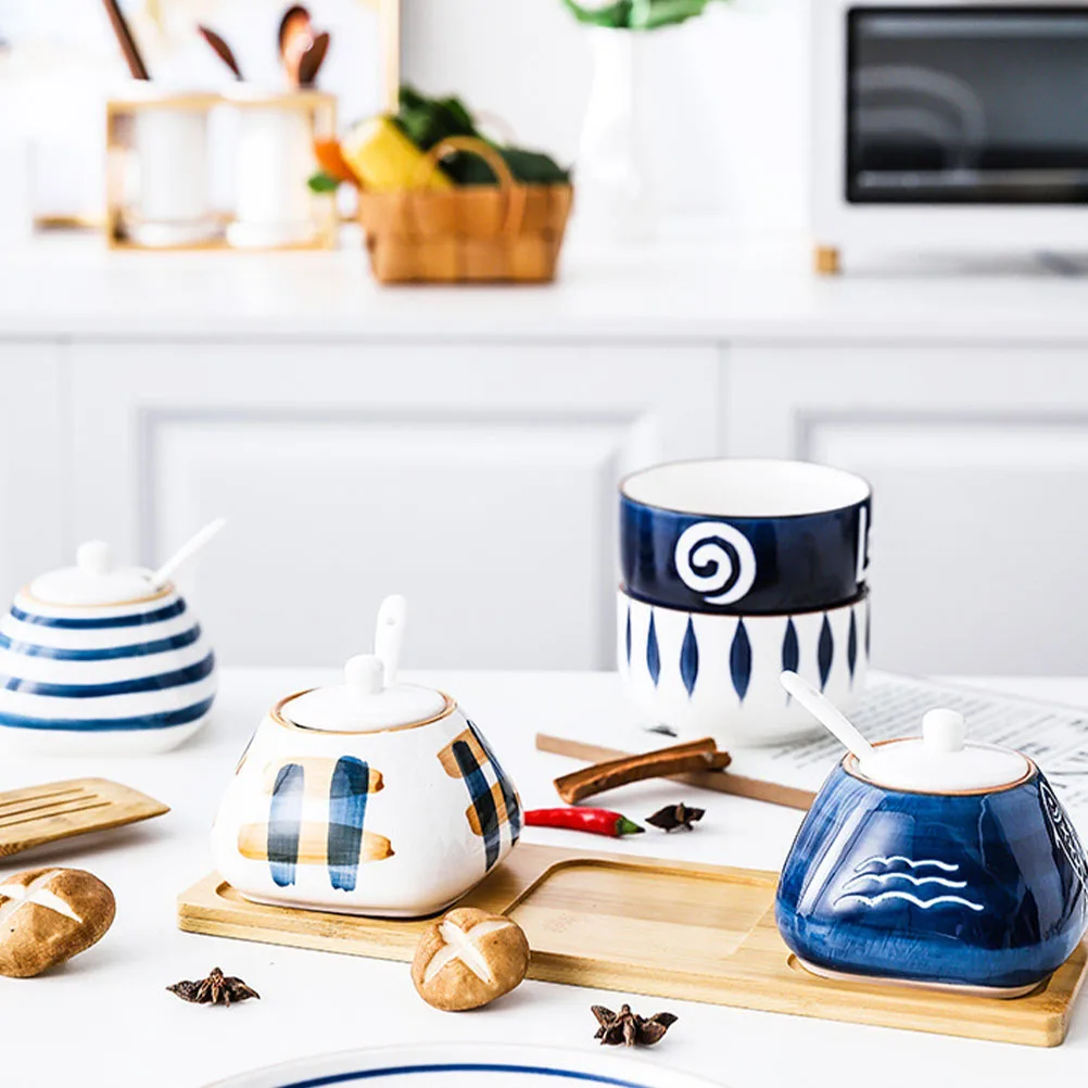 

1Set Ceramic Seasoning Jar Set Hand Painted Japanese Pattern Multifunction Kitchen Spice Storage Box High Temperature Cleaning