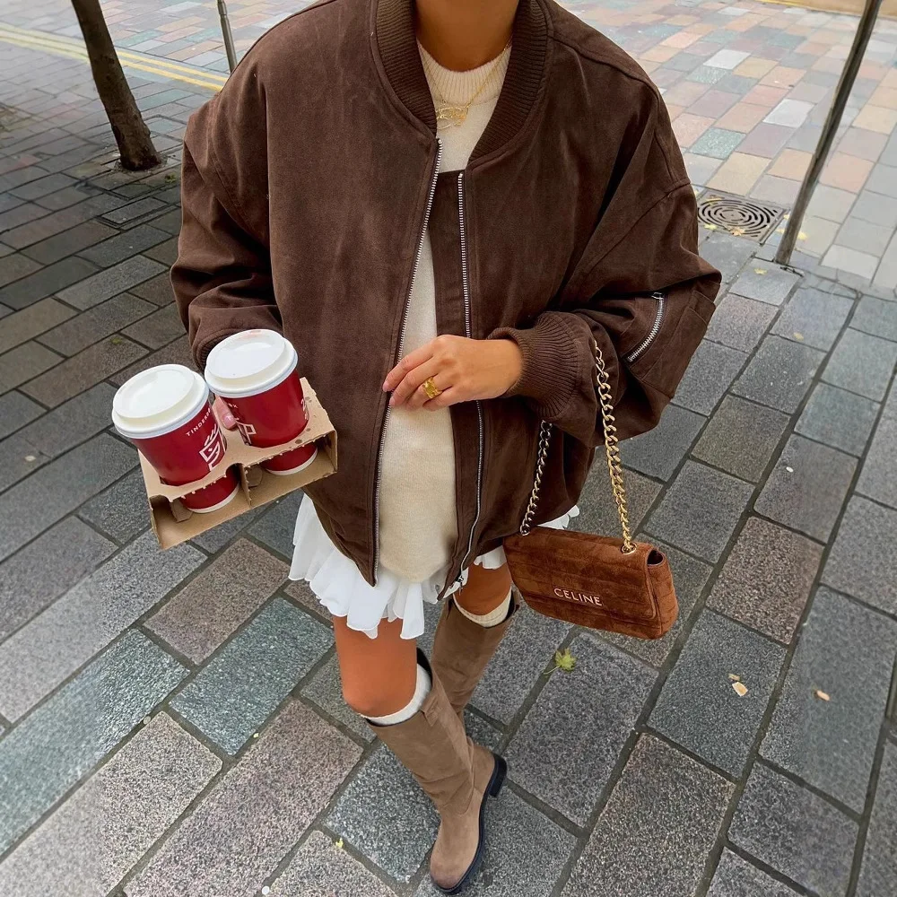 

2025 New Fashion Suede Fabric Women Bomber Jackets Causal Long Sleeve Zipper Loose Coats Cropped Jacket Outwear