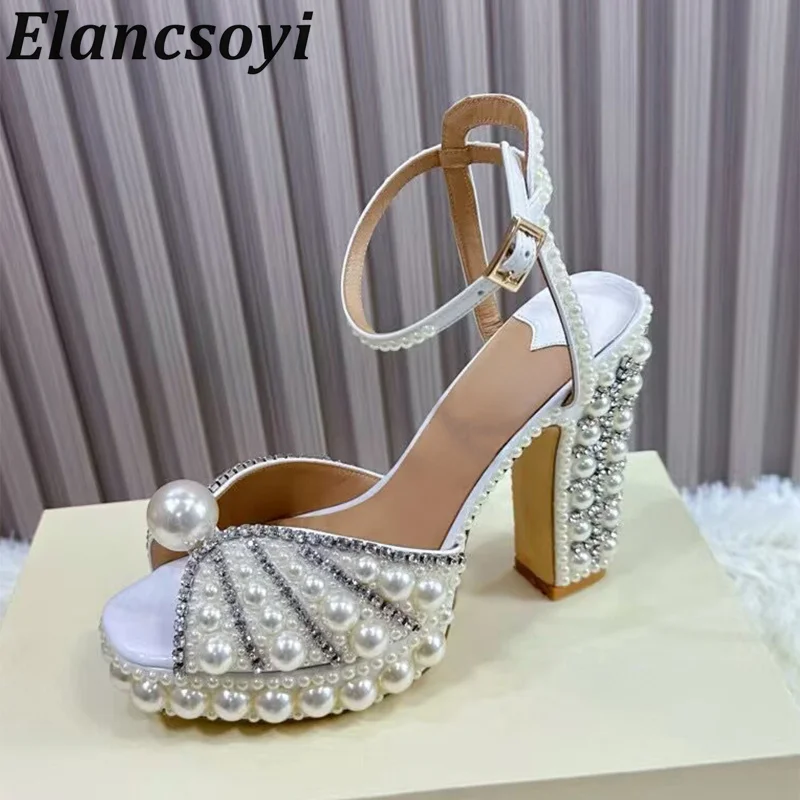 Summer Chunky High Heel Thick Sole Sandals Women Ankle Strap Shiny Pearl Platform Sandalias Ladies Sexy Party Dress Shoes 2025