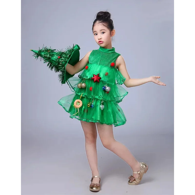 Donne Ragazze Bambini Bambini Verde Albero di Natale Costume Outfit Puntelli Cosplay Cappello Elfo Abiti fantasia
