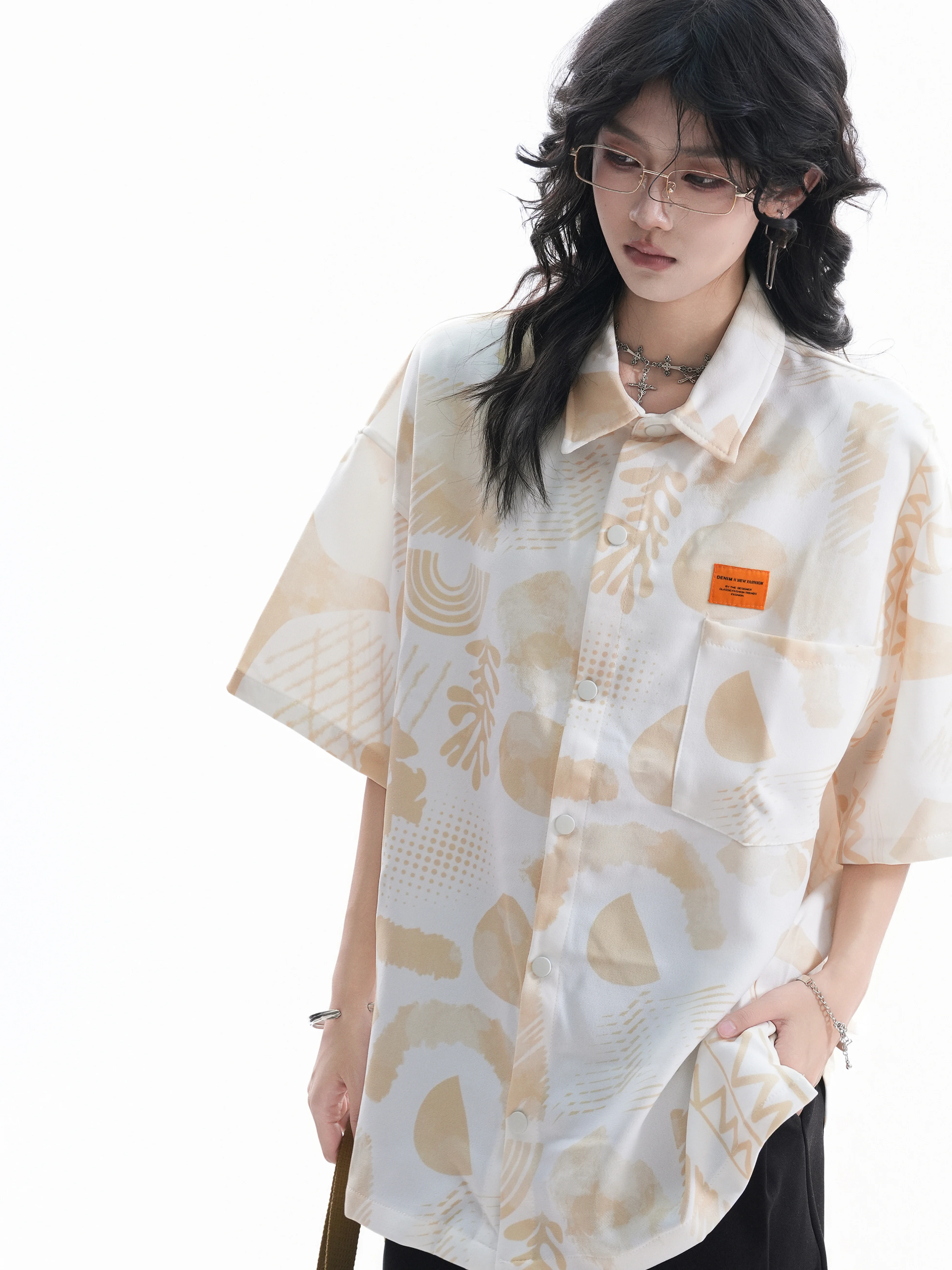 

Small Ball American Vacation Print Short Sleeve Casual Shirt Women Summer Loose Slimming Lazy Couple's Casual Shirt