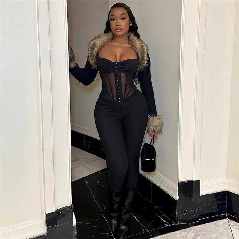 

Spaghetti Strap Sleeveless Women Jumpsuits Sexy Backless Mesh Patchwork Bodycon Rompers Summer Fashion Nightclub Party Overalls