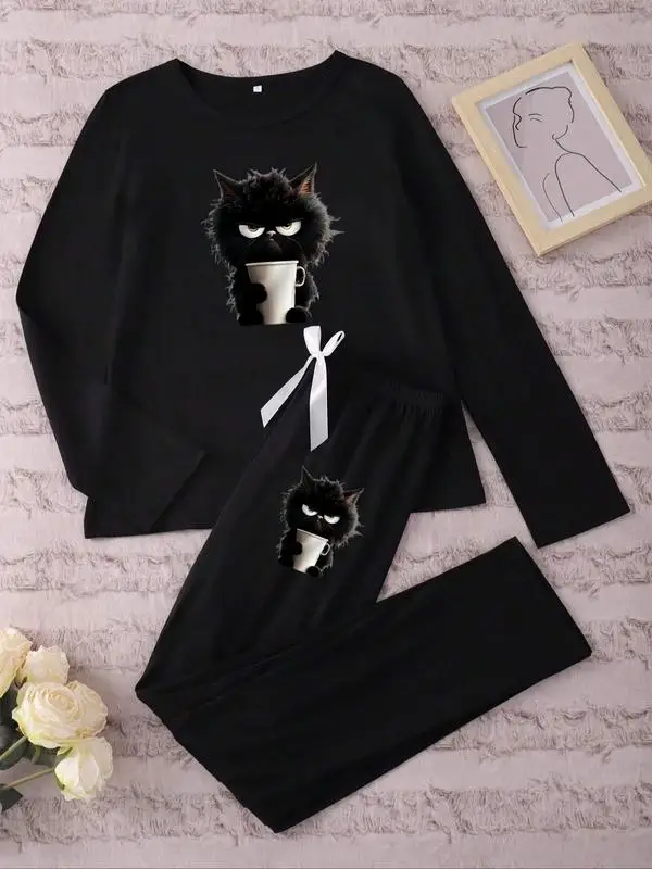 Women's Long Sleeve Pajama Set, Cartoon Cat Print, Casual Fitted Sleepwear, Spring & Fall Nightgown, Animal Pattern 4