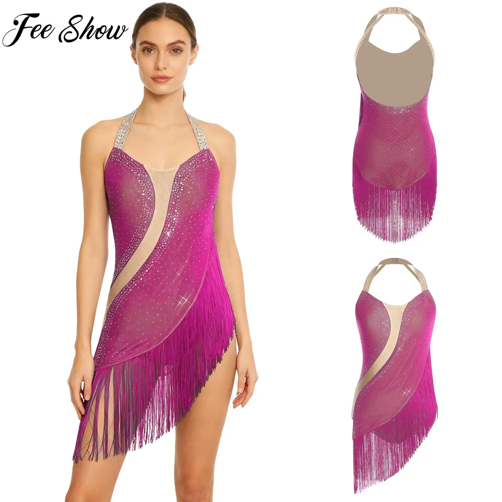 

Womens Sexy Latin Jazz Dance Bodysuit Rhinestone Tassel Gymnastics Tango Cha-cha Performance Costume Halter Backless Leotard