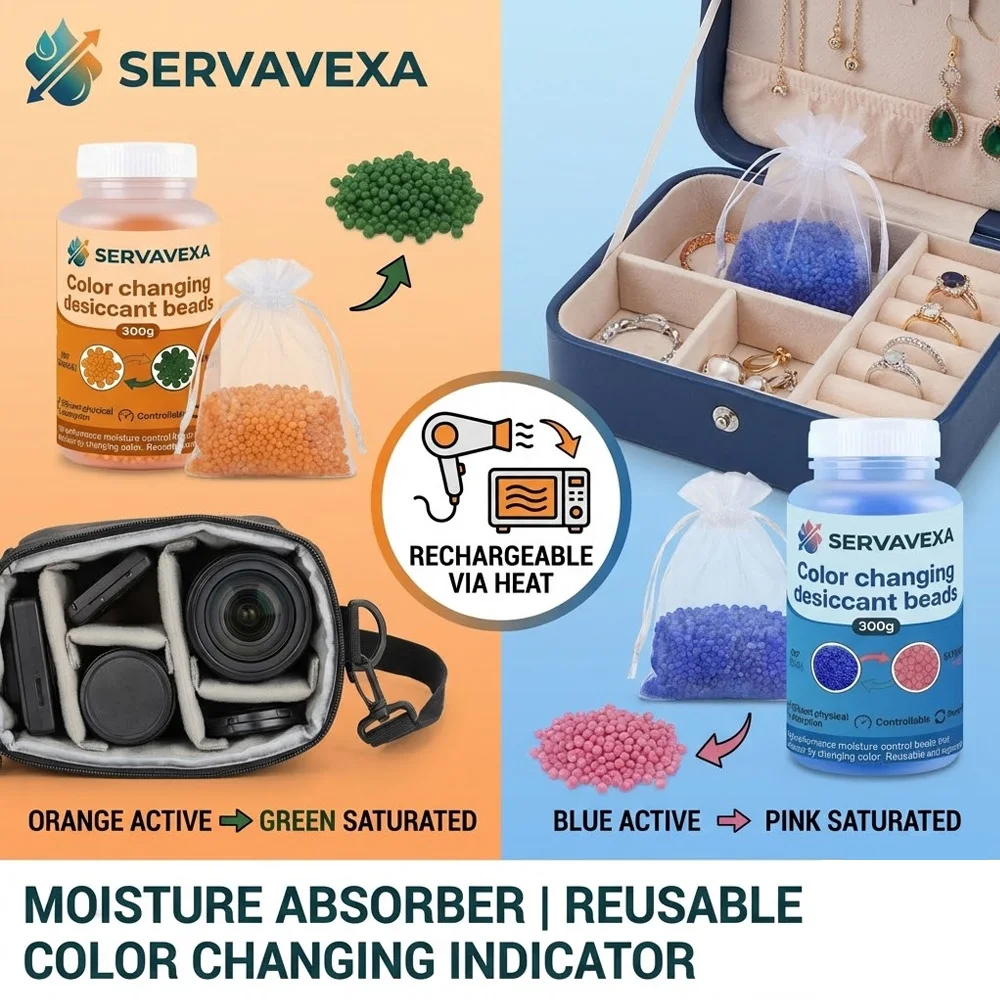 300g Indicating Silica Gel Beads Color-Changing Desiccant Moisture Absorber Reusable Dehumidifier with 5 Free Gift Bags