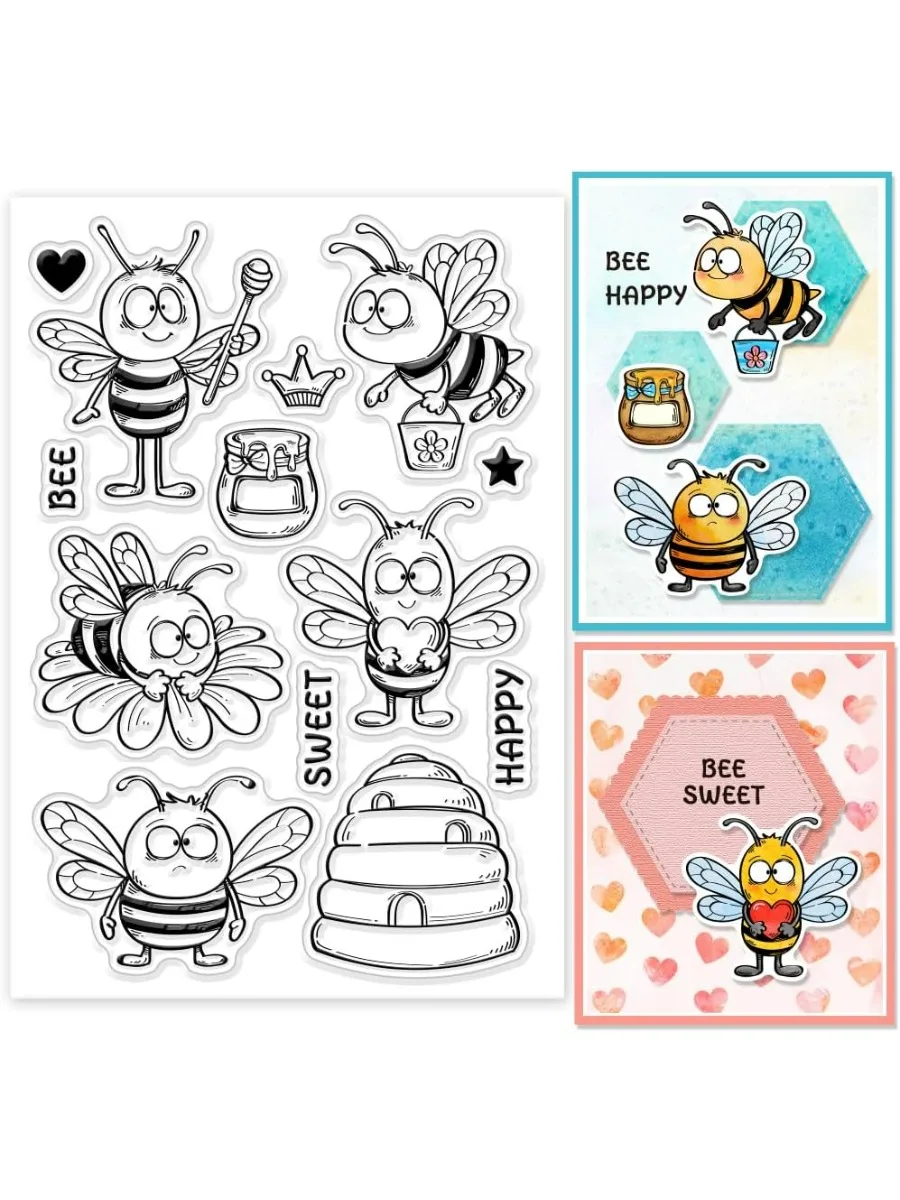 1 Blatt lustige Biene-Klarstempel für Scrapbooking, Cartoon-Biene, transparente Stempel, Biene, glücklich, Silikonstempel für die Kartenherstellung