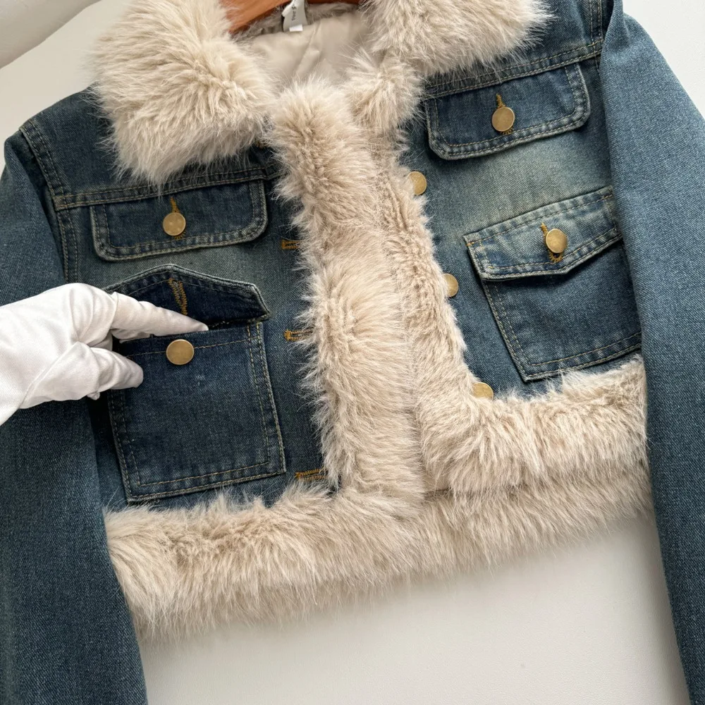 Neploe Advanced Korea Chic Denim Fur Patchwork Set Coat High Waist A-line Bodycon Slim Skirt French Harajuku Commuter Suit Falda