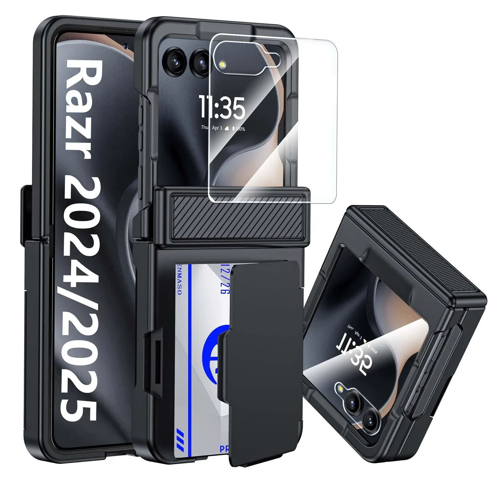 Für Moto Razr 70 2026/60 2025/50 2024 Handyhülle, mit Kartenclip, Scharnierschutz, RFID-Abschirmung und Displayschutzfolie - Schwarz