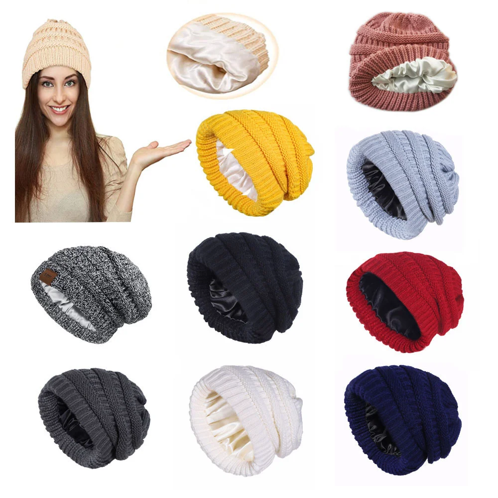 Skeleton hat with micro elastic satin lining, knitted hat with satin lining, windproof and warm hat, double-layer knitted hat wi