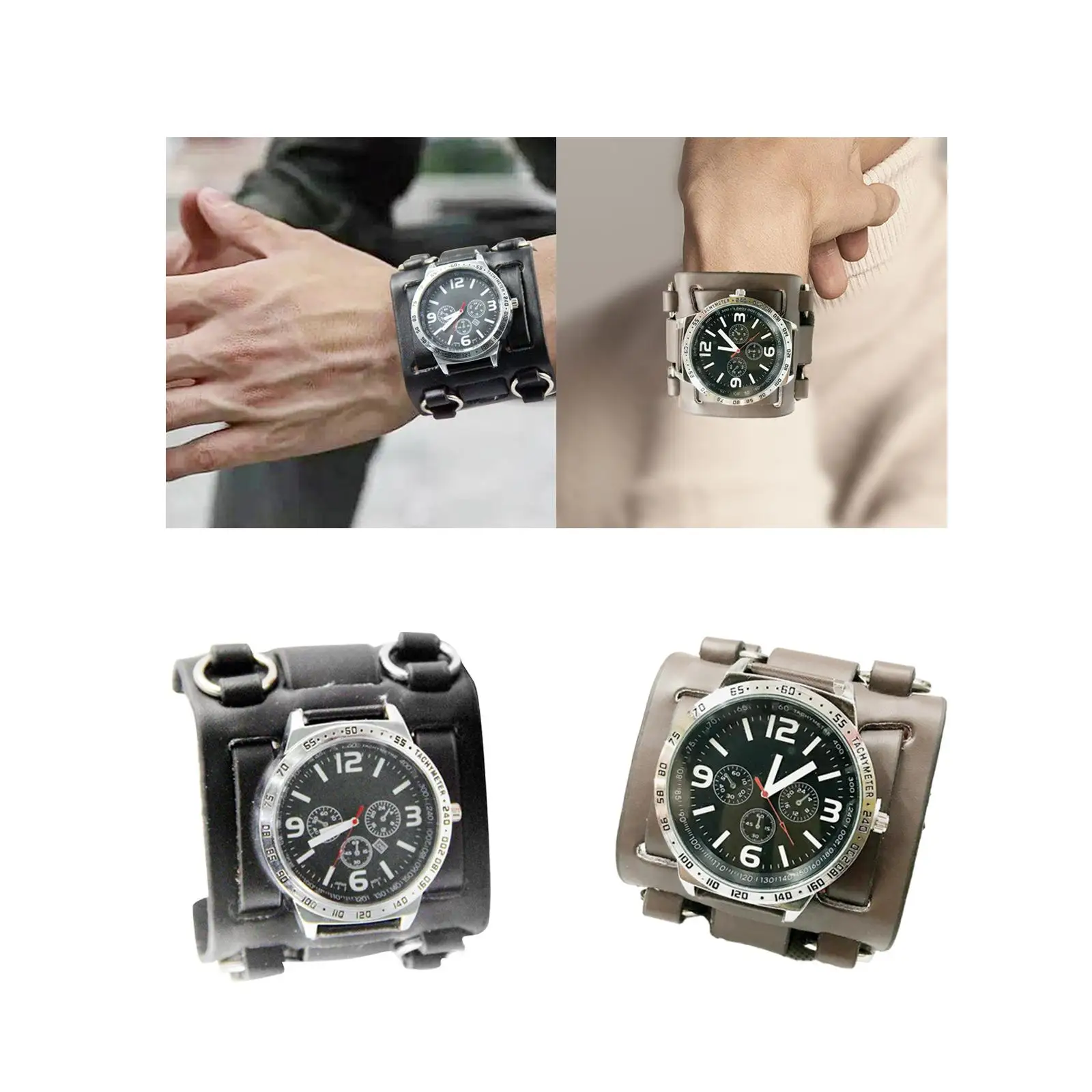 

Men Wrist Watch Leather Watch Wide Band Versatile Round Dial Classic Male Punk
