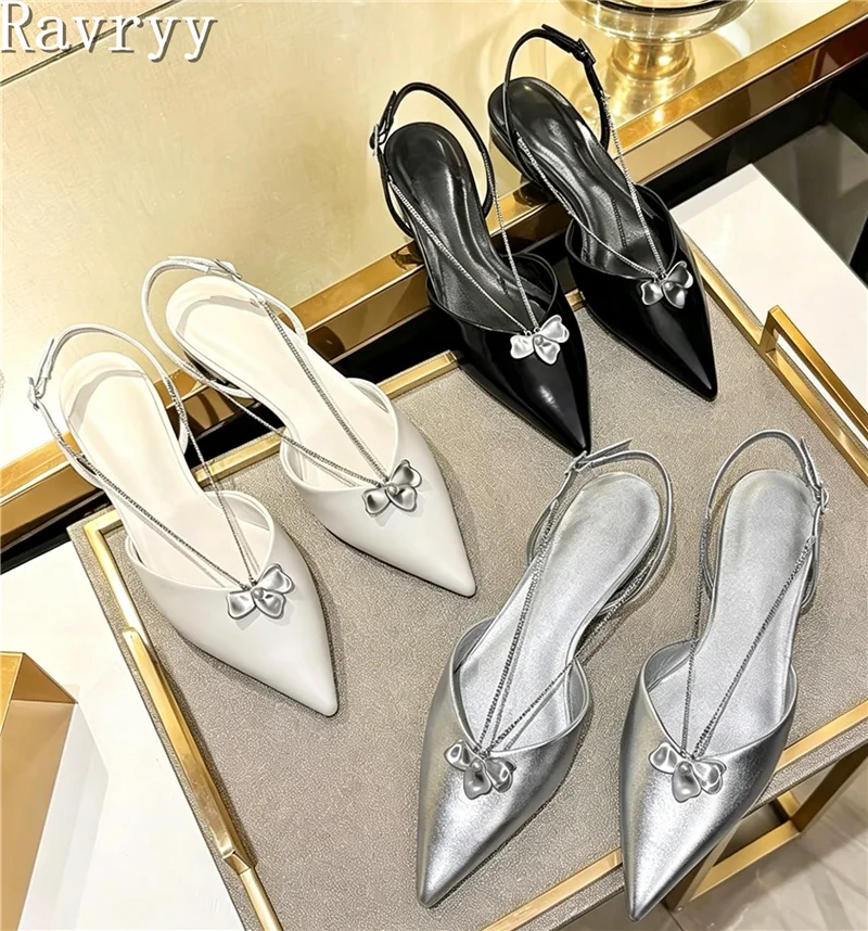 

Silver Black White Pointed Toe Flat Single Shoes Women Metal Chain Bow Knots Back Strap Dress Shoes for Party Daily Office Work