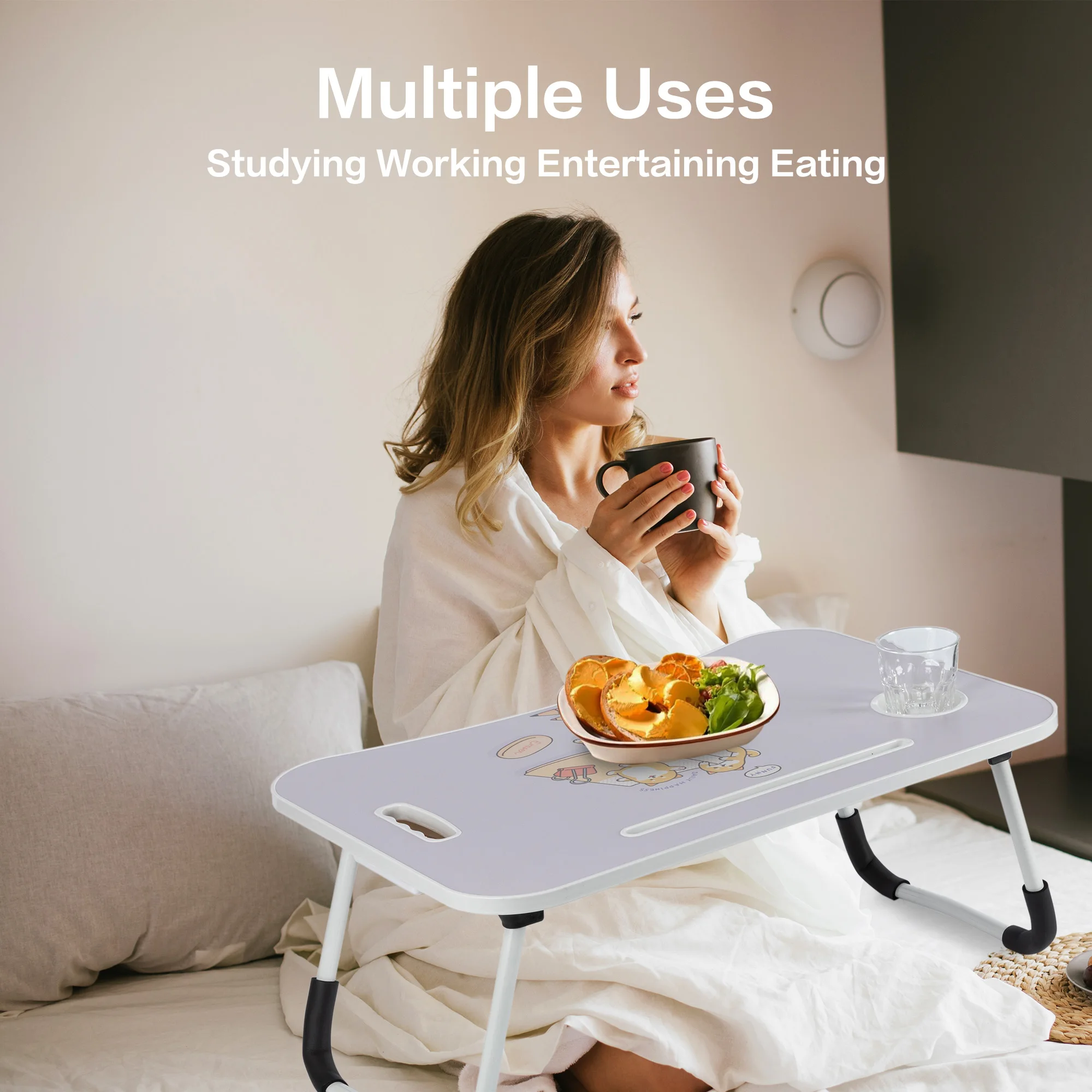 مكتب ديلي قابل للطي مقاس 23.6 بوصة مع حامل أكواب ودرج وفتحة للكمبيوتر اللوحي وصينية محمولة للسرير والأريكة #6