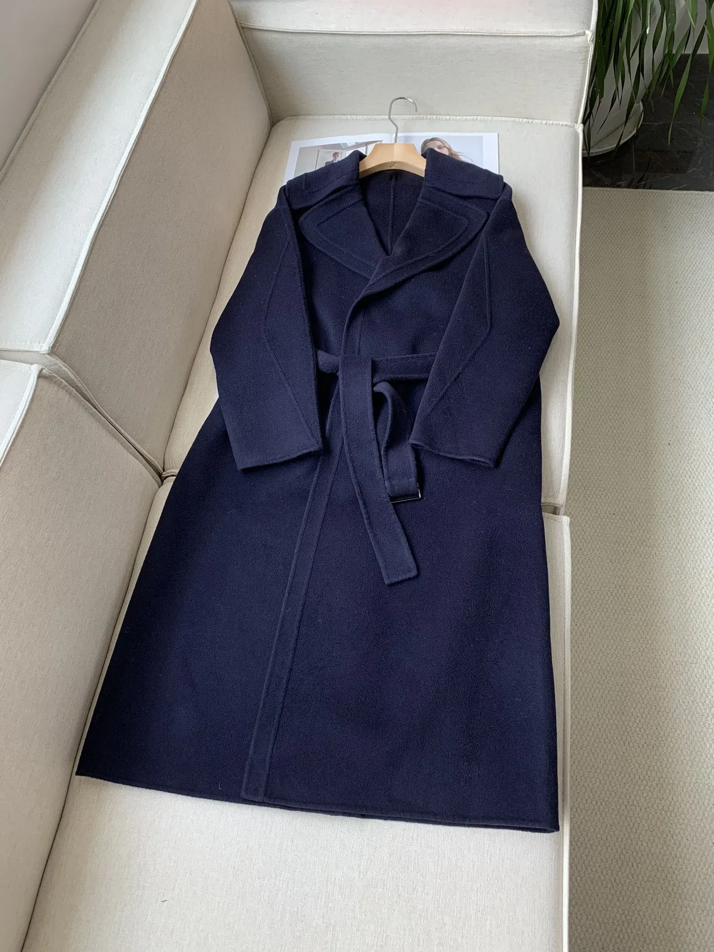 Autumn Winter Women's Navy Blue Mid-Length Coat Waist Lace-up Long Sleeve Elegant Female Wool Jacket