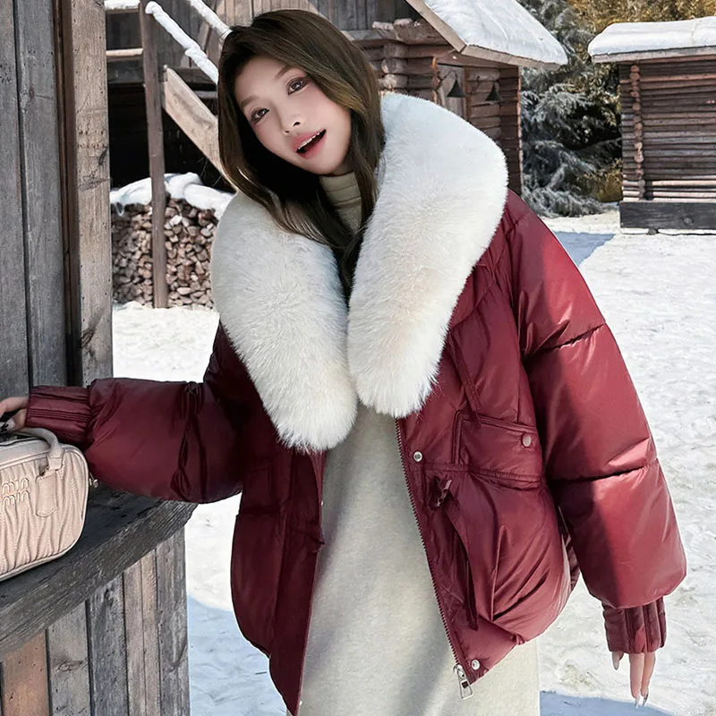 Damska kurtka zimowa z dużym futrzanym kołnierzem, puchowa kurtka damska, krótka, gruba, modna kurtka damska bawełniana JJ1143