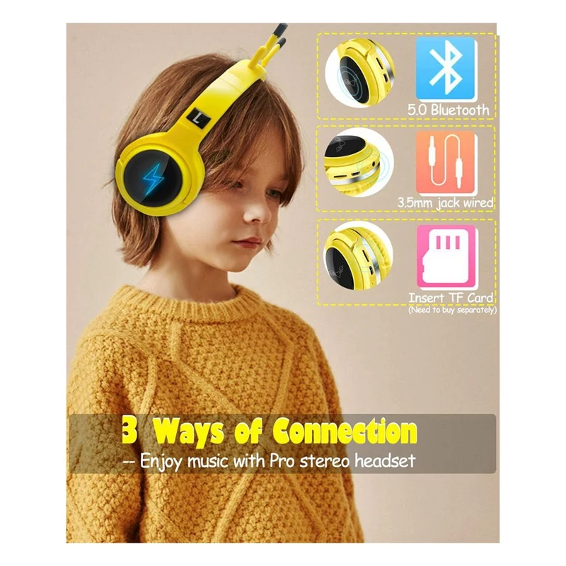 Headphone anak, headphone Bluetooth tanpa kabel dengan mikrofon, untuk PC, Laptop, tablet