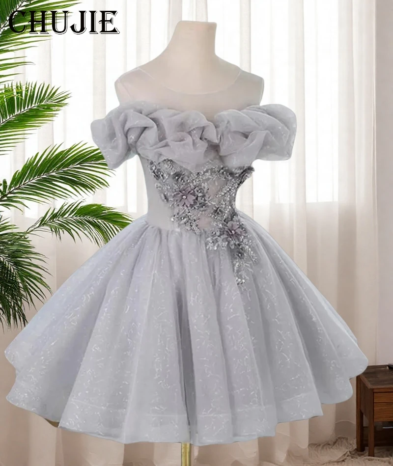 Glitter Applique Silver vestidos graduación adolescentes Homecoming Dresses Flower Cocktail Dress Customized Evening Party Gowns