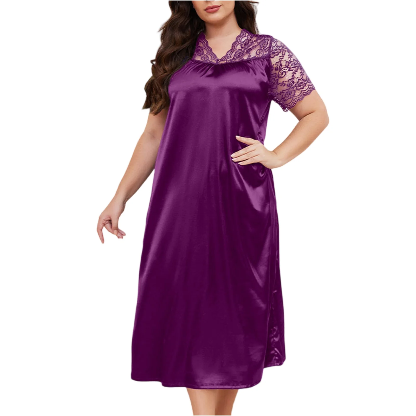 

2025 Women's Large Size Ice Silk Short Sleeve Sleepwear Comfortable Solid Color Long Sleep Dress Daily Loose Casual Home Clothes