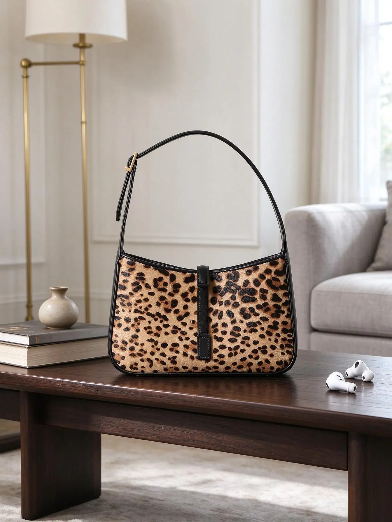 Unisex Leopard Print Faux Pony Hair Hobo Underarm Shoulder Bag Faux Leather Trim Adjustable Thin Strap Casual Daily Handbag