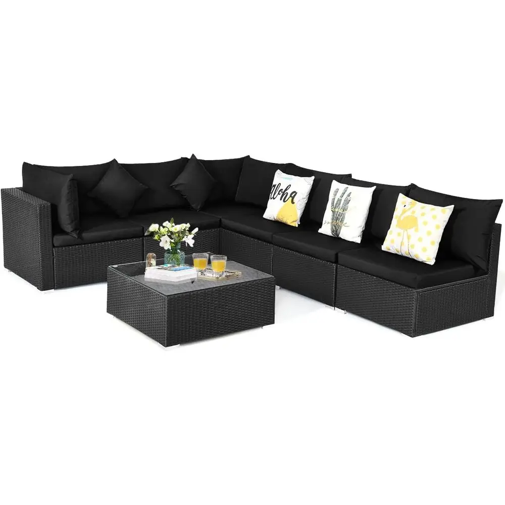 

6-местный комплект садовой мебели из ротанга с кофейным столиком и подушками, идеально подходит для сада, балкона и зоны у бассейна, черный цвет