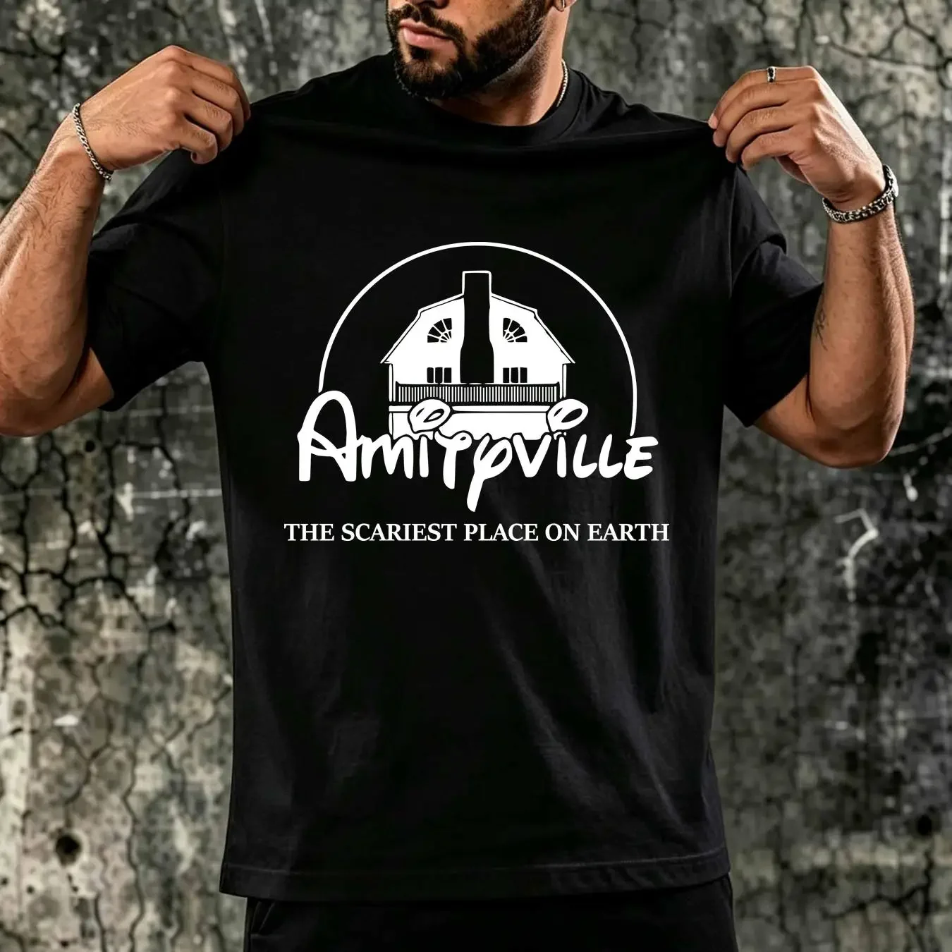 washed T Shirt The Amityville Horror Scariest Place On Earth Small 3XL vintage Washed graphic Unisex Soft Stretched Casual