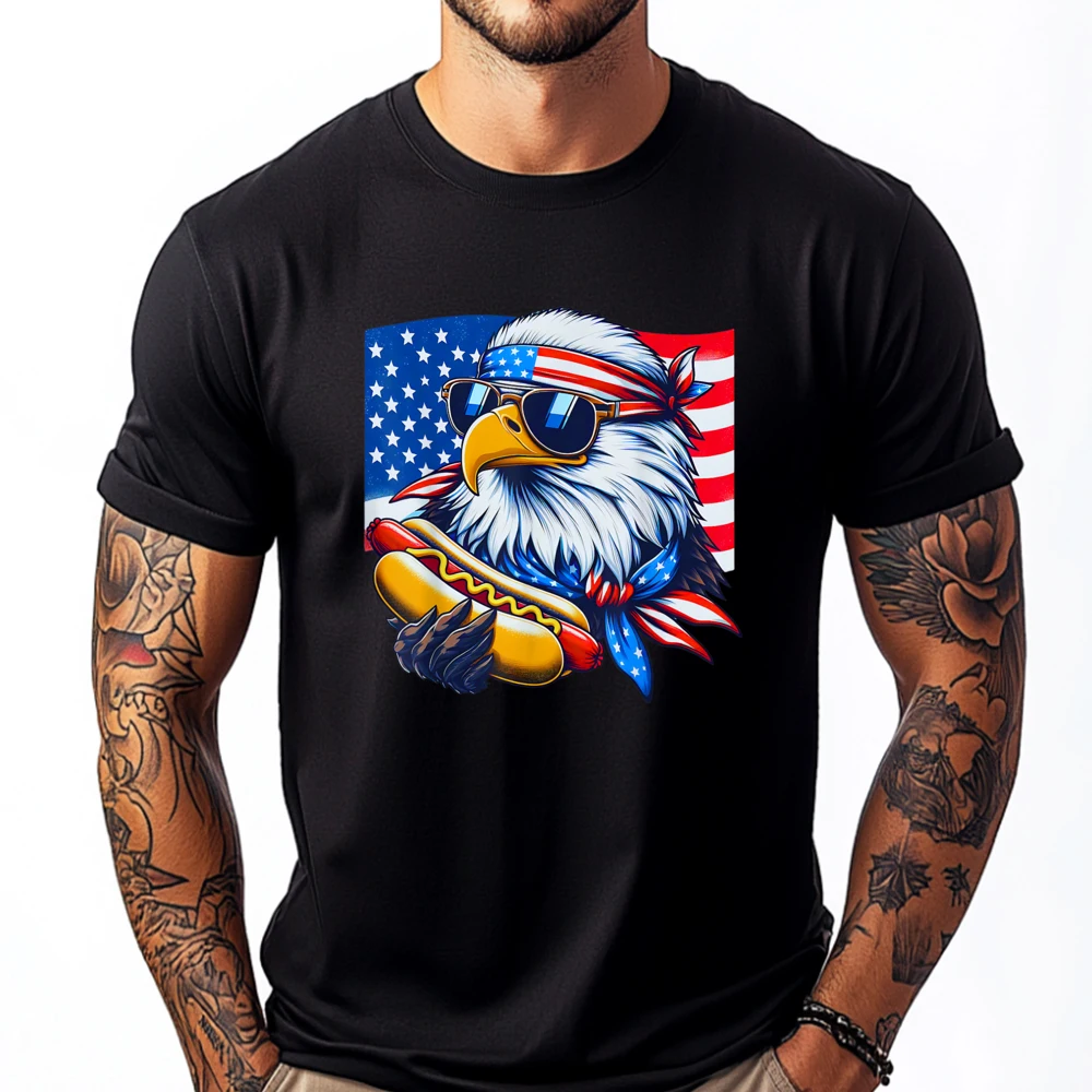 

Funny Bald Eagle Hotdog American Flag 4th Of July Patriotic Funny T Shirts Men Breathable and New Men's Cotton T-Shirt Cool