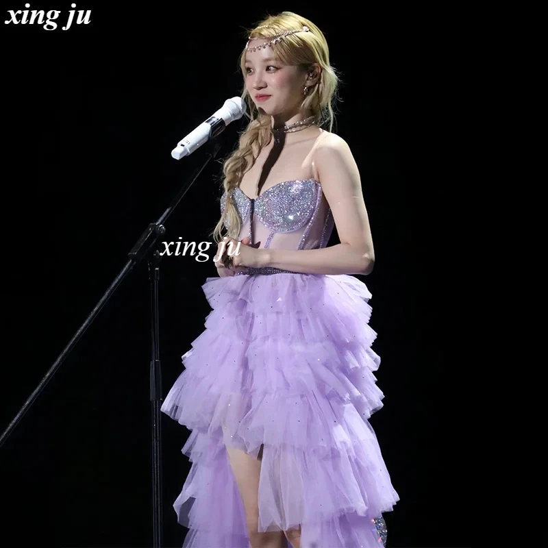 Xing Ju Kpop Korean Singer Jazz Dance Costume Shiny Crop Tops Purple Cake Skirts Party Sexy Outfits Women Stage Performance Wear