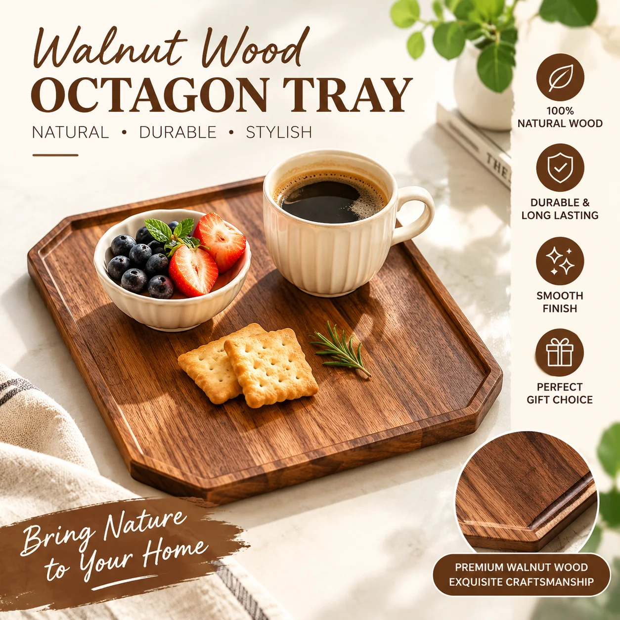 Walnut Wood Octagonal Tray Japanese Style Solid Wood Serving Platter Fruit Tea Cup Tray Home Entryway Catch-All Decor