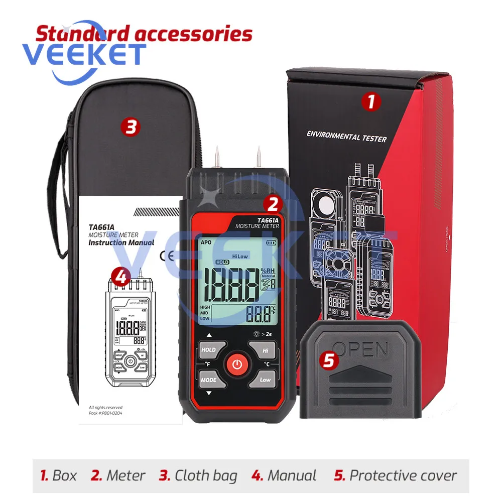 TA661A Digital Quick Moisture Content Tester For Wood Materials Paper Flooring Determination Moisture Content Tester 0~548%RH