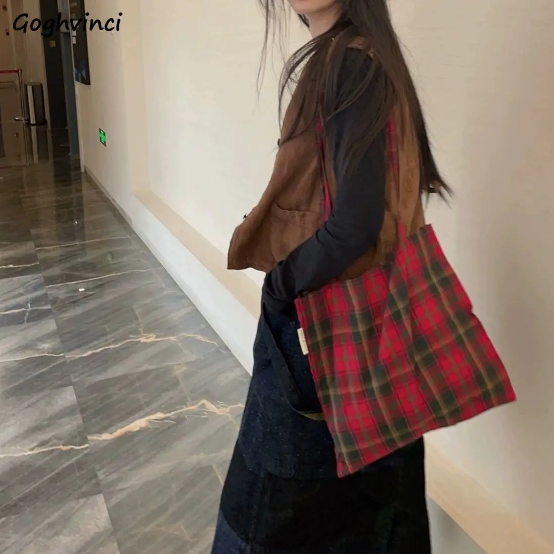 Borse a tracolla Vintage donna rosso verde Plaid borse di grande capacità tela pendolare università multifunzione Harajuku Chic Ins