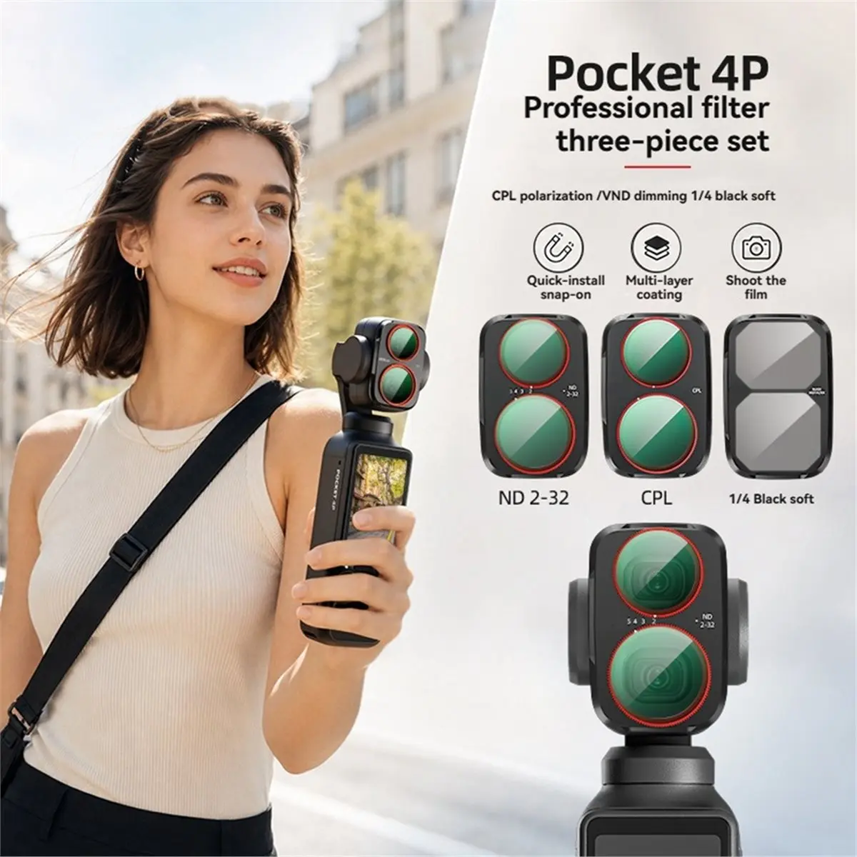 Lens Filter Kit for Pocket 4 Pro CPL+VND+Black Mist 1/4 Lens Filter Quick-Install Mounting