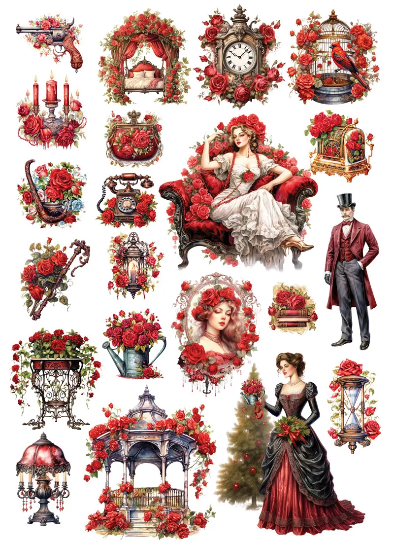 Antique Red Rose Noble Stickers Crafts And Scrapbooking stickers kids toys book Decorative sticker DIY Stationery