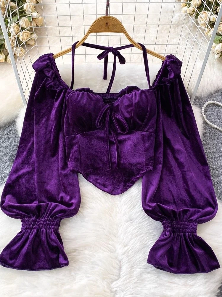 Purple Velvet France Vintage Blouse Women 2024 Casual Elegant Halter Collar Blouse Female Flare Sleeve Designer Retro Y2k Blouse