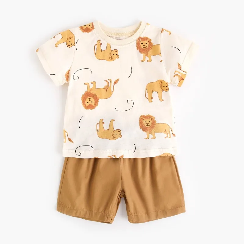 2025 New Summer Kids Clothes Set Cartoon Lion Printed 0-5T Boys Short Sleeve T-shirt + Shorts 2 PCS Suit Children Outfit