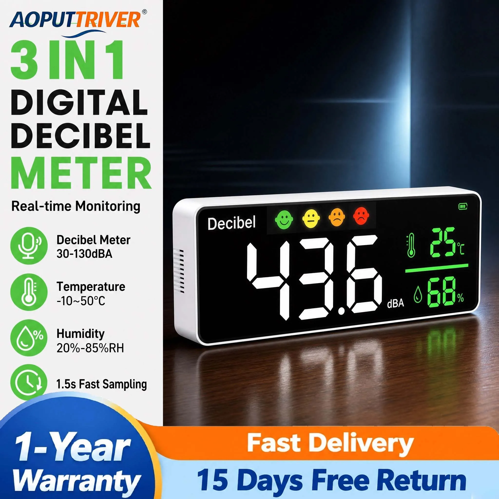 Wall Mounted Digital Decibel Meter Sound Level Noise Tester with USB Power for Factory Office Home Classroom 50Hz-8.5kHz