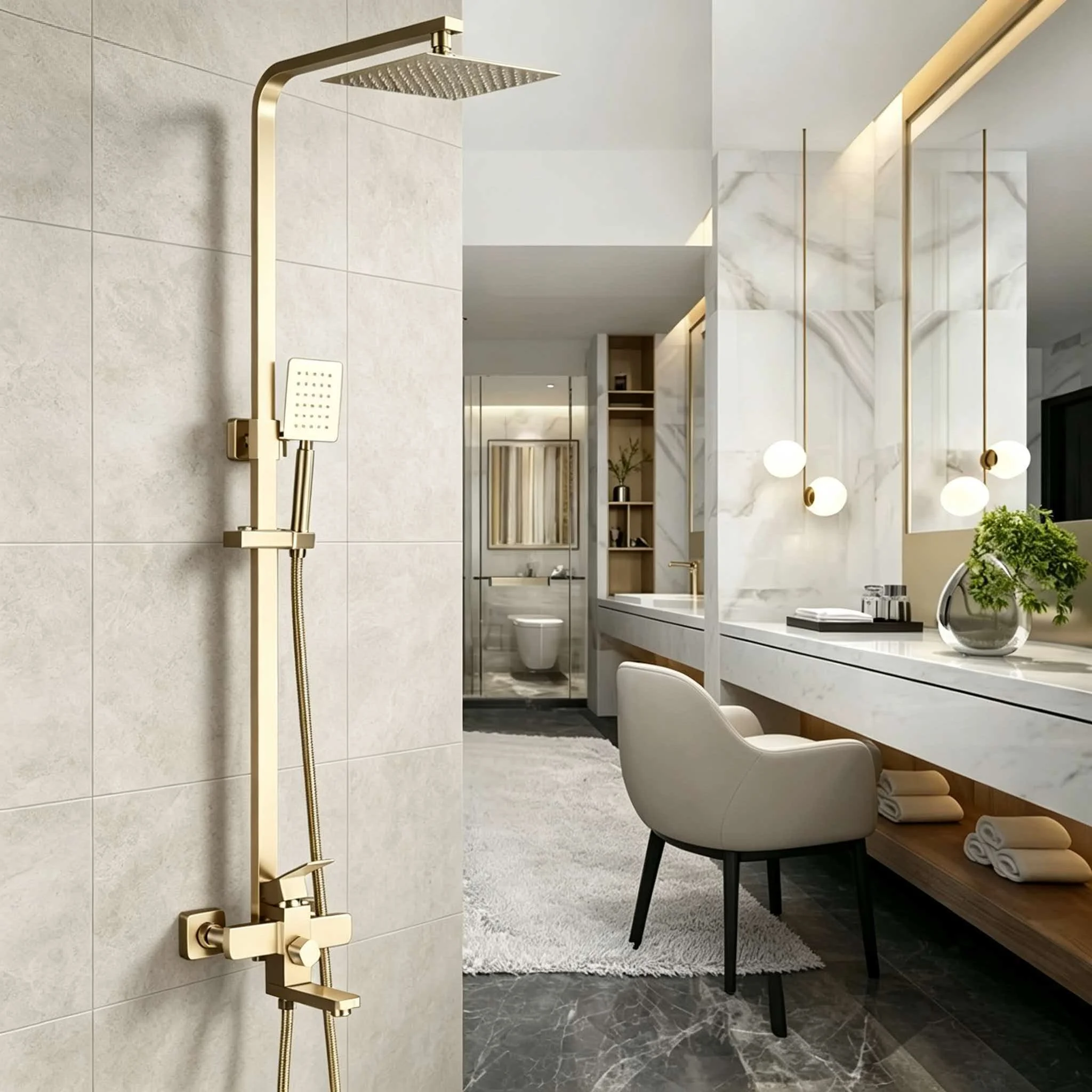 Gold shower set stainless steel pressurized home anti-splash shower hot and cold faucet handheld hose showerhead bathroom