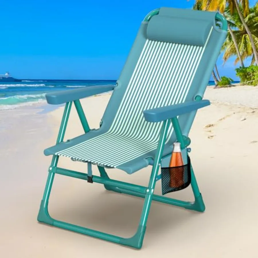 

Beach chair for adults: aluminum frame, navy blue, 6-position reclining with cooler bag and cup holder, lightweight portable de