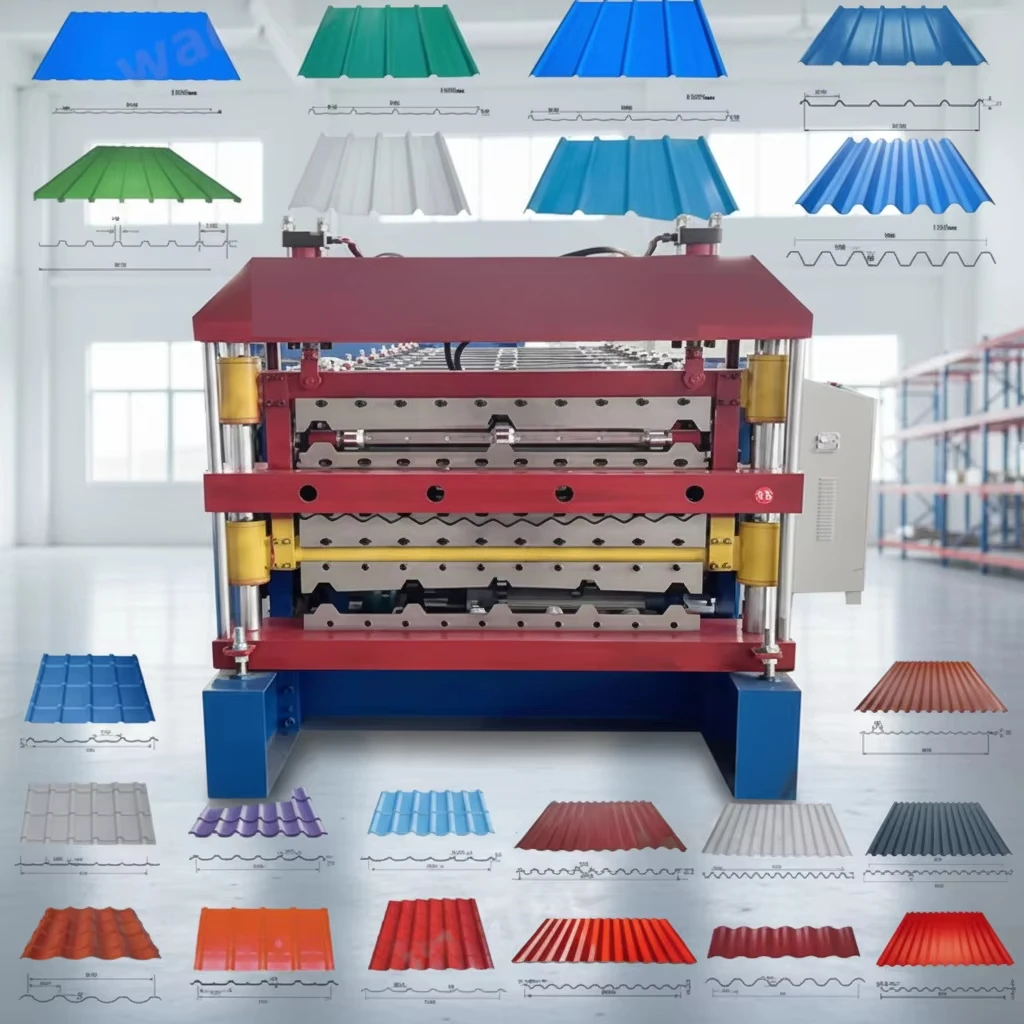 Color Coated Sheet Trapezoidal Roof Sheet Machine IBR Roll Forming Machine Three Layer Tile Metal Roof Sheets Making Machine