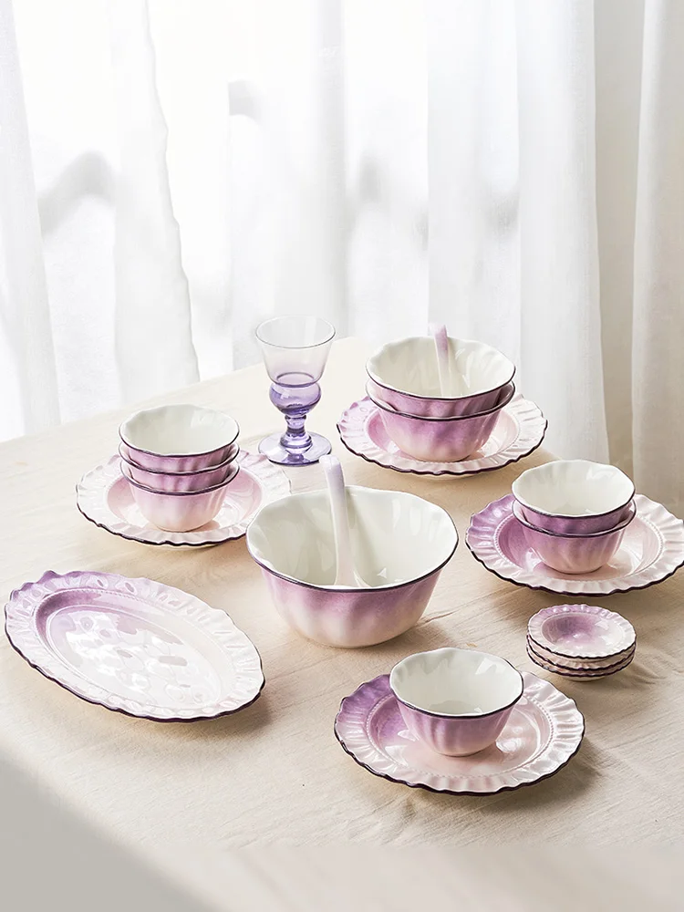 

Tableware Ceramic Gradient Light Purple Underglaze High-Grade Light Luxury Plate Bowl Set Household NewRound Flat Dish Irregular