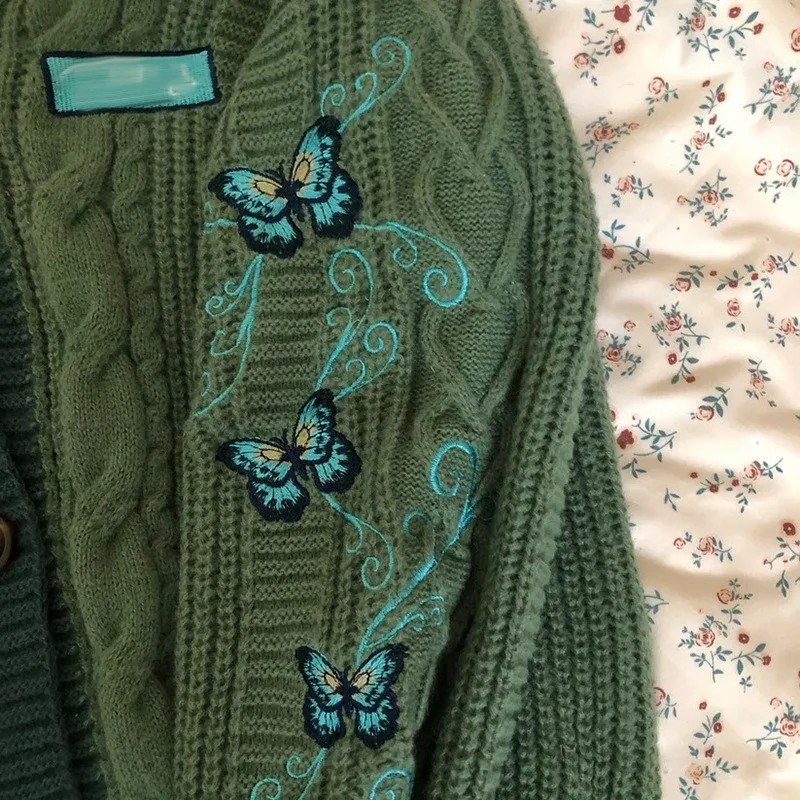 2024 New British Retro Autumn And Winter V-neck Butterfly Embroidered Cardigan Green Loose Casual Sweater Knitted Top For Women