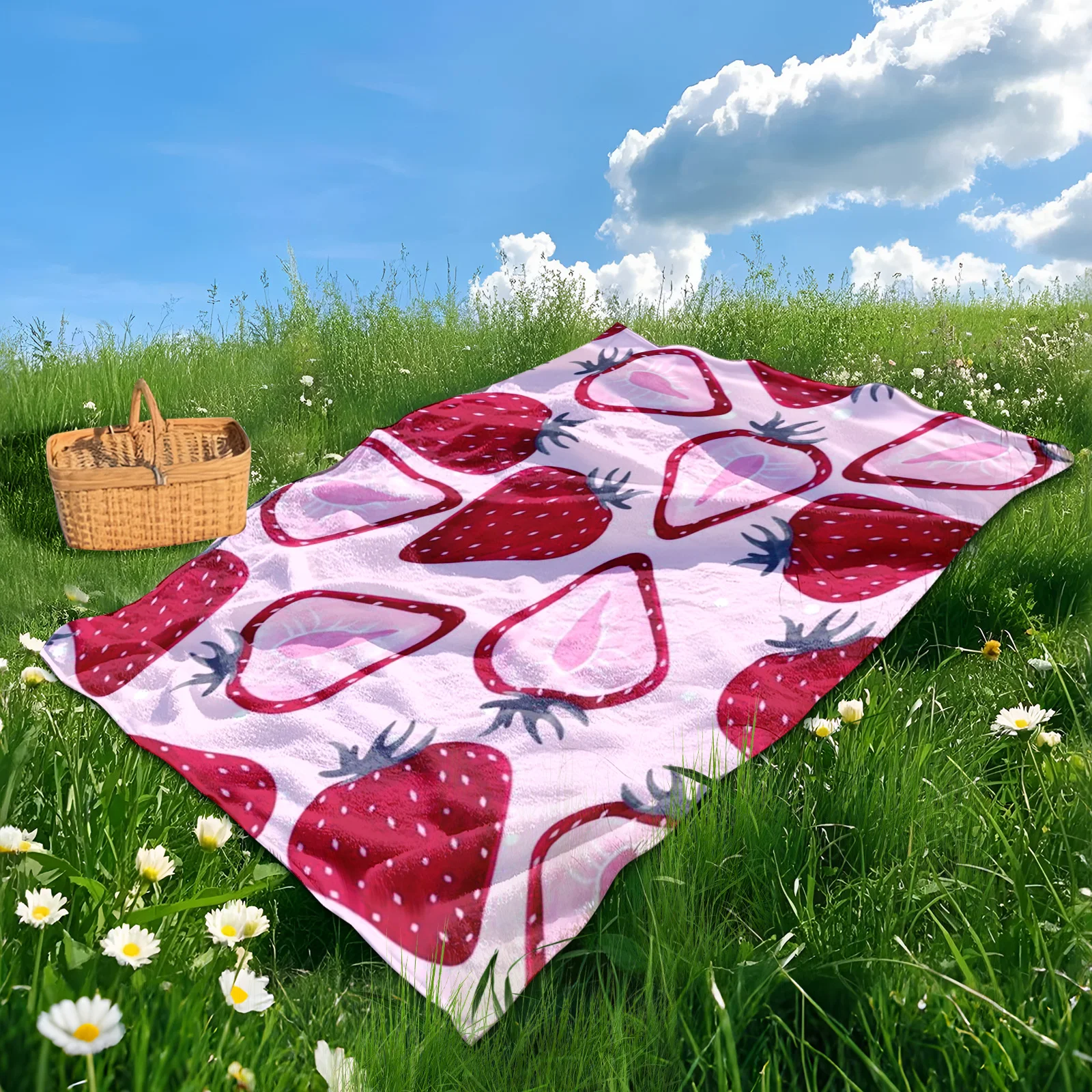 Manta repetidora con diseño de fruta y fresa para exteriores, color rosa, para picnic y accesorios esenciales para la vida