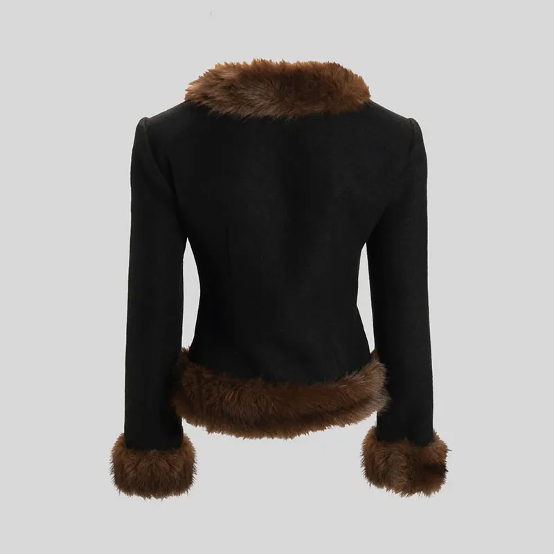 معطف شيرلينغ نسائي، جاكيت مرقع بياقة فرو، معطف قصير عالي الجودة بتحديد الخصر، 2025، شتاء، جديد y2k #6