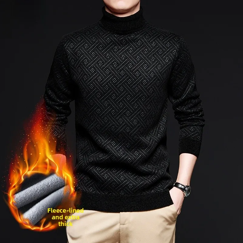 

Утепленный мужской вязаный свитер с высоким воротником, зимний теплый базовый слой, повседневный топ из полиэфирного волокна с длинными рукавами