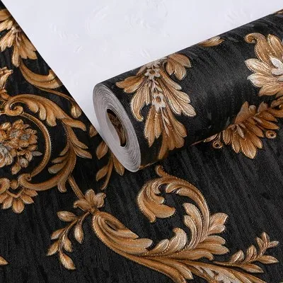 Luxury European Classic Black Damask Stereo Deep Embossed Wallpaper Roll for Living Room Hotel Tv Backdrop Mural