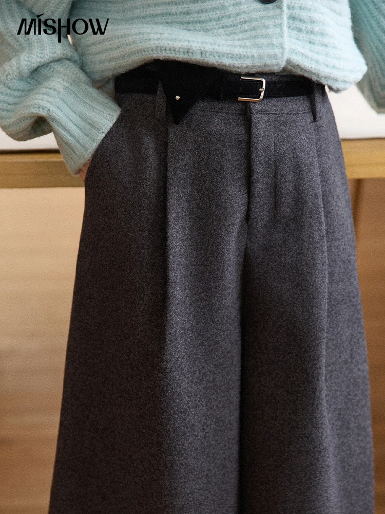 MISHOW Damesbroek 2025, mode, grijze wollen broek met wijde pijpen, hoge taille, cropped retrostijl, woon-werkbroek, warm MXE90K1128