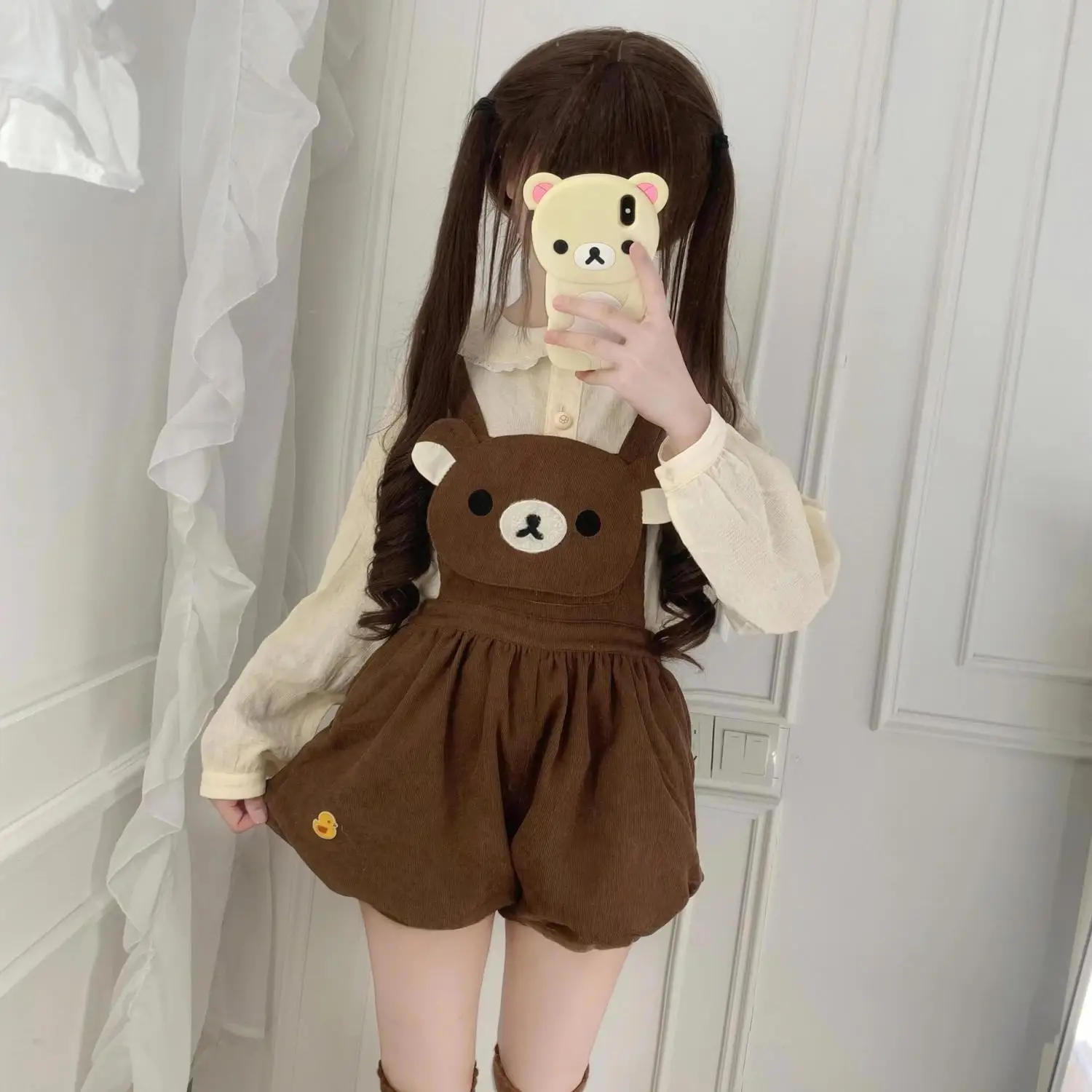 

Bear Overalls Baby Collar Ruffled Shirt Womens Two Peice Sets Skirts Sweet Casual Japanese Kawaii 2025 Chic Y2k