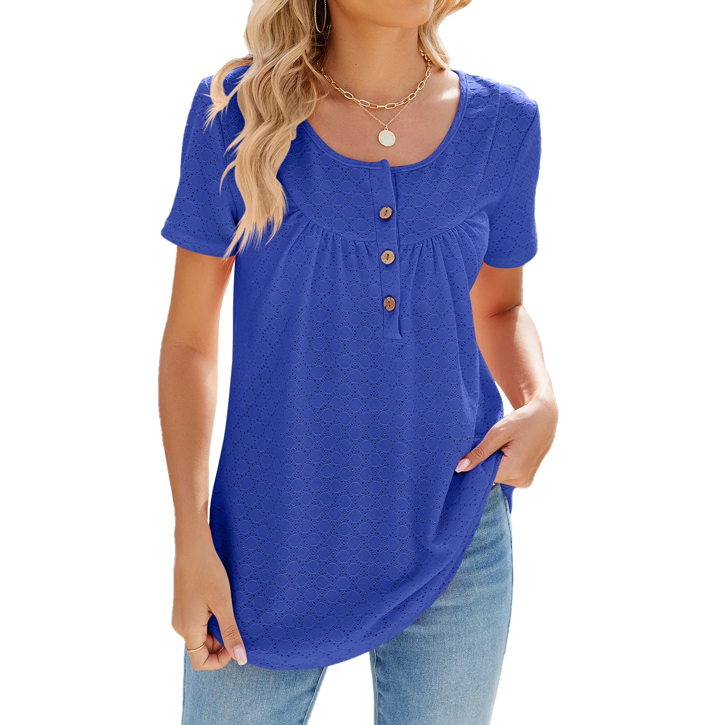 Loose short-sleeved T-shirt for women 2024 Summer new solid color round tie button short-sleeved top for women