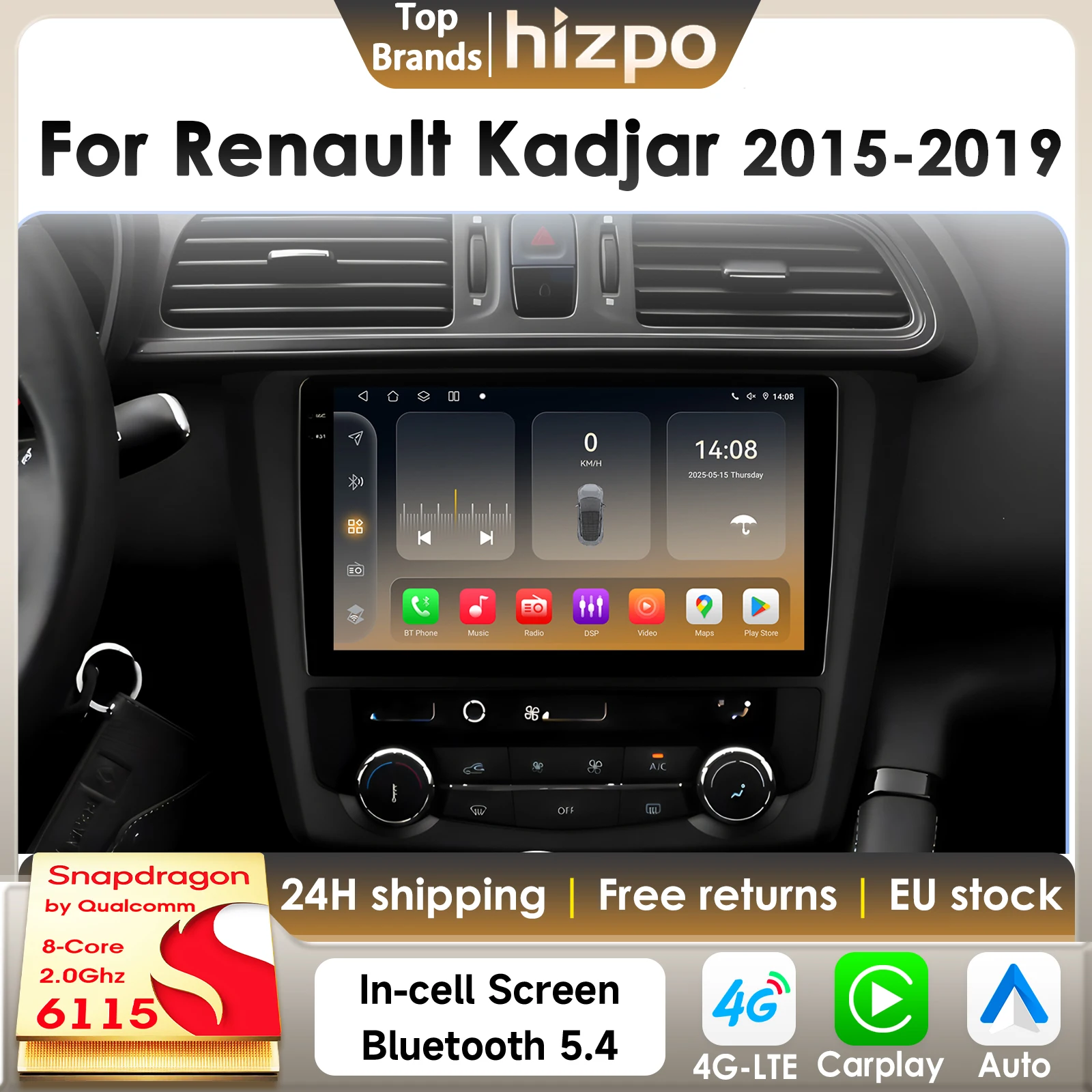 Hizpo 8Core Android 14 Autoradio Intelligente Per Renault Kadjar 2015 - 2019 CarPlay GPS DSP 4G BT5.4 Di Qualcomm Snapdragon 6115