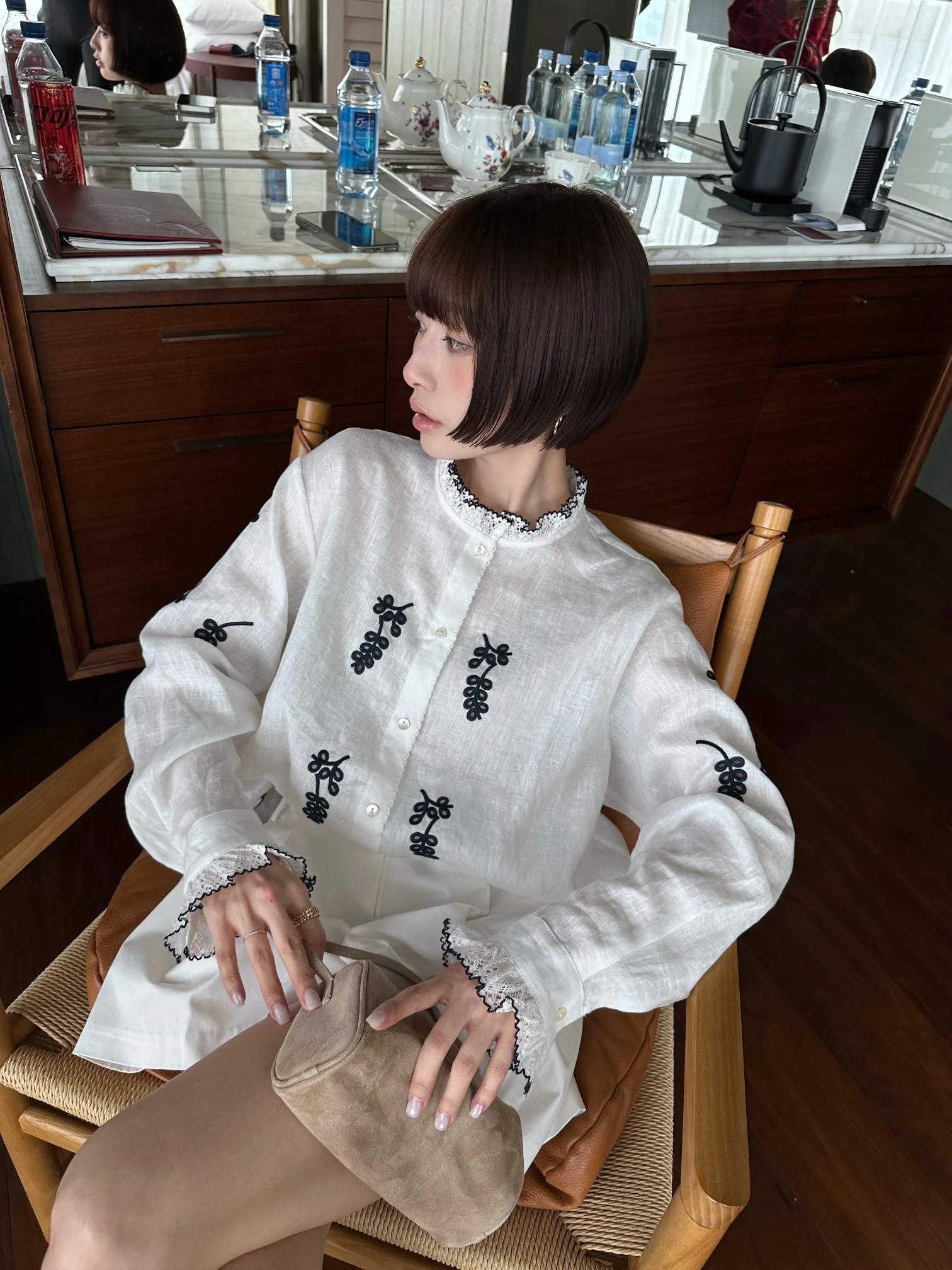 

Spring Summer New Arrival Women's Shirt Monkey Studio Embroidered Heavyweight Linen Stand Collar Breathable Comfortable Fashion