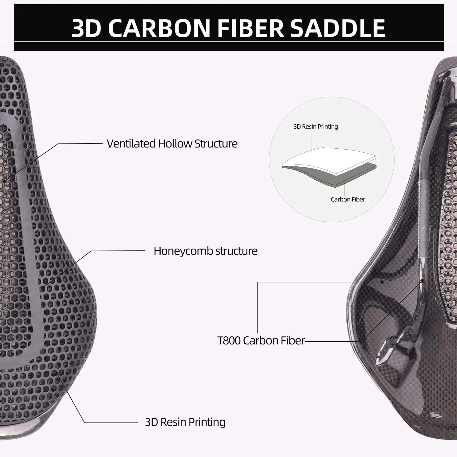 Sillín de bicicleta impreso en 3D con fibra de carbono - 145 mm 185 g 7 * 9 - Asiento de bicicleta adaptable para bicicleta de montaña y de grava